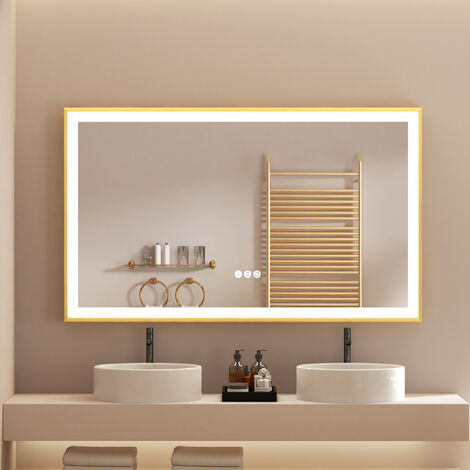 Gold Aluminium Alloy Frame Illuminated LED Bathroom Mirror Living Room Wall Mirror, 1000x600mm