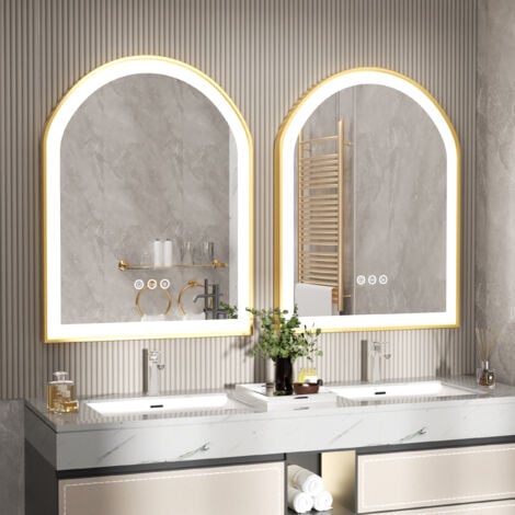 Gold Aluminium Alloy Frame Illuminated LED Bathroom Mirror Living Room Wall Mirror, Arch-Crowned Top 900x600mm