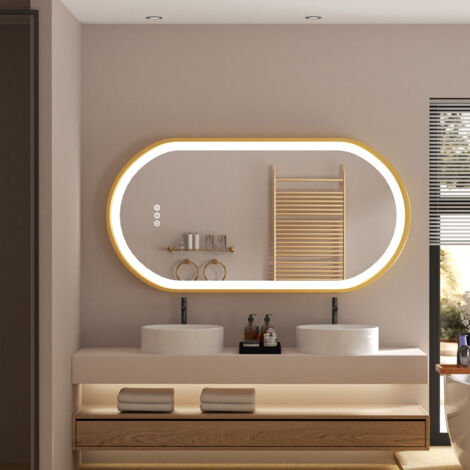 Gold Aluminium Alloy Frame Illuminated LED Bathroom Mirror Living Room Wall Mirror, Oval 1200x600mm