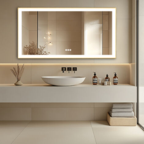 Gold Aluminium Alloy Frame Illuminated LED Bathroom Mirror Living Room Wall Mirror, Rectangular 1510x780mm