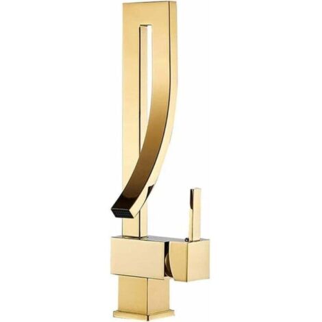 Gold brass rotating deck-mounted basin tap, hot and cold water, waterfall kitchen tap