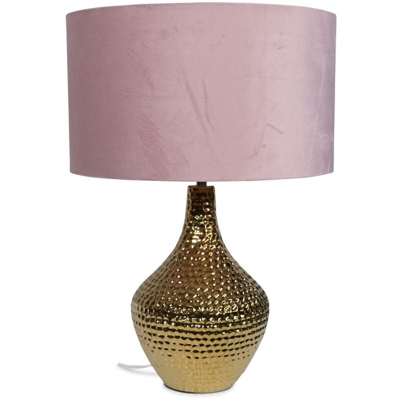 Gold Ceramic Table Lamp Light Velvet Shade Bedroom Living Room Bedside Lighting - Blush + led Bulb