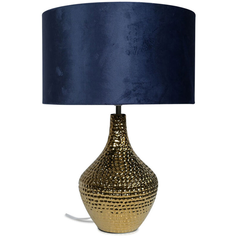 Gold Ceramic Table Lamp Light Velvet Shade Bedroom Living Room Bedside Lighting - Navy + LED Bulb