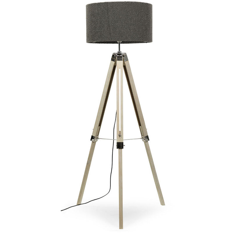 Light Wood Floor Lamp Large Tripod Base Boucle Drum Shade Living Room Lighting - Charcoal + led Bulb