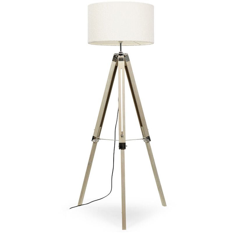 Light Wood Floor Lamp Large Tripod Base Boucle Drum Shade Living Room Lighting - Cream + led Bulb