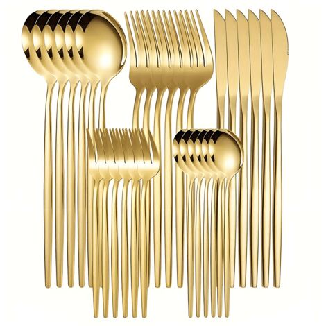 Gold-colored 30-piece stainless steel cutlery set, serving size 6.