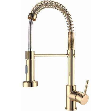 ZAMERY Gold Kitchen Tap Kitchen Sink Mixer tap with Solid Brass Commercial Single Handle Single Hole Pull Down Sprayer Swivel Sprayer Mixer Tap Cold and hot Fittings UK Standard