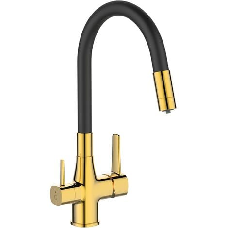 Gold Kitchen Tap Standing Sink Faucet Flexible Spout Underdeck Water Filter Set