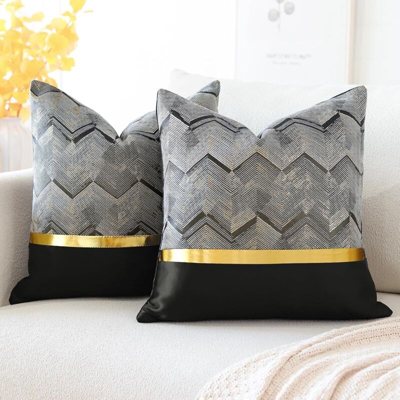 Gold leather cushion covers, set of 2, 45x45 cm, wavy stitching, stripes, sofa, bed, car, modern minimalist luxury black decoration