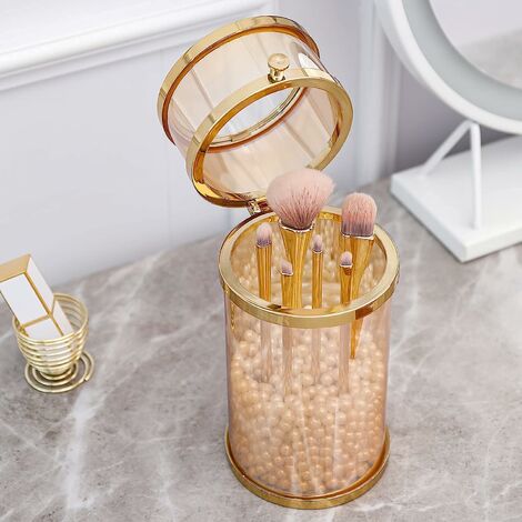 PuTwo Makeup Brush Holder Cosmetic Organizer Brass Glass Vintage Storage  with White Pearls, Golden 