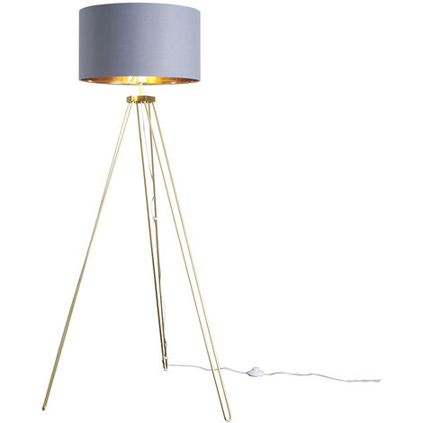 main image of "MiniSun Gold Metal Tripod Floor Lamp with Drum Shade"