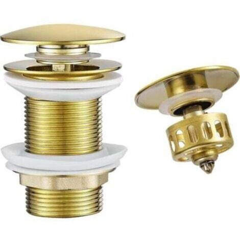 Gold retractable drain plug without overflow, drain plug with strainer basket, brass bathroom sink drain plug.