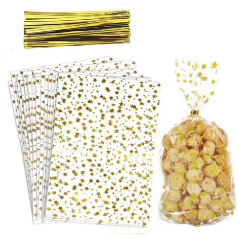 Gold star cellophane bags, 100 cookie bags with metal ties for gifts