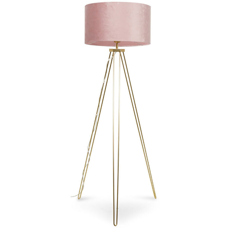 Gold Tripod Standard Floor Lamp Hairpin Light Living Room Velvet Shade - Blush + led Bulb