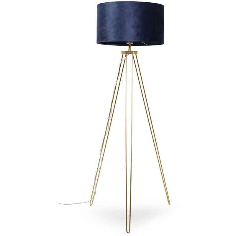 Gold Tripod Standard Floor Lamp Hairpin Light Living Room Velvet Shade - Navy + led Bulb