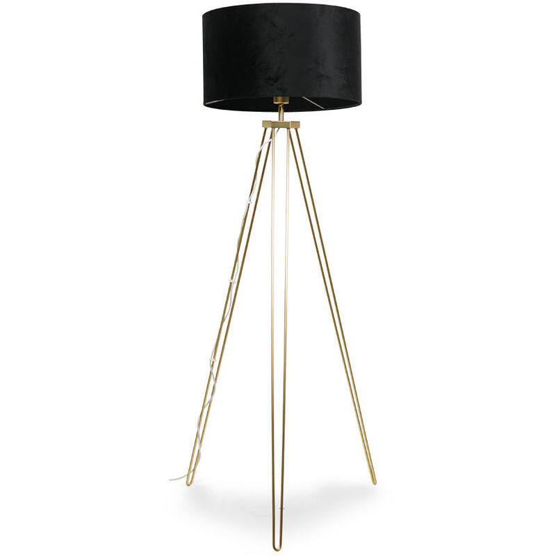 Gold Tripod Standard Floor Lamp Hairpin Light Living Room Velvet Shade - Black + led Bulb