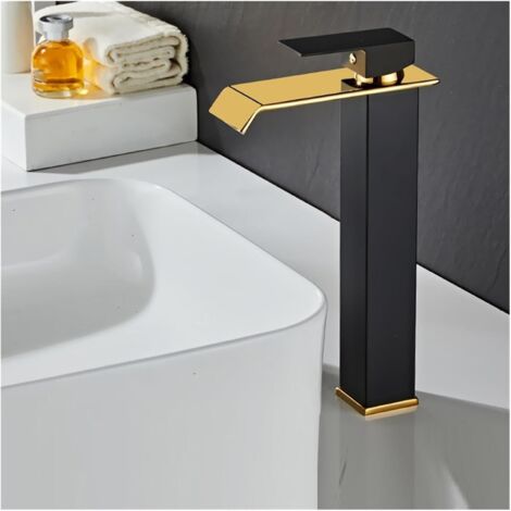 Gold waterfall faucet for black sink – Modern bathroom and kitchen mixer tap, elegant design