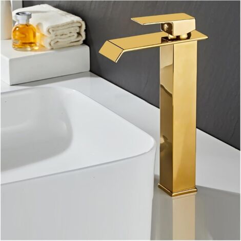 Gold waterfall faucet for black sink – Modern elegant design bathroom basin mixer