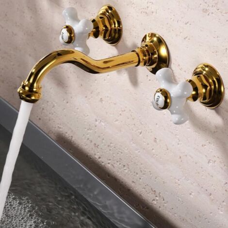 Gold zirconium wall-mounted washbasin tap, double-handle brass mixer tap, elegant bathroom design