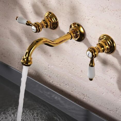 Gold zirconium wall-mounted washbasin tap, double-handle brass mixer tap, modern and elegant design