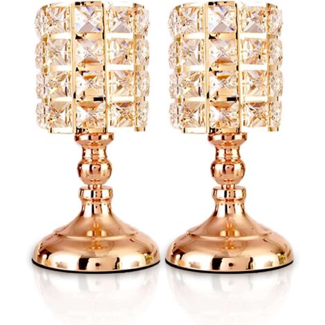 Golden Crystal Candle Holders, Set of 2 Cylindrical Metal Tealights, 20cm Tall, Luxury Candle Holder Ornaments for Christmas Living Room Wedding Centerpieces (Small)