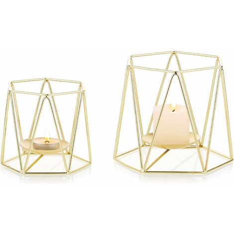 Golden Pillar Candle Holders, Set of 2 Elegant Metal Geometric Tealight Holders Christmas Halloween Candle Holder Centerpieces for Wedding Home Coffee Tables Ceremony Decoration