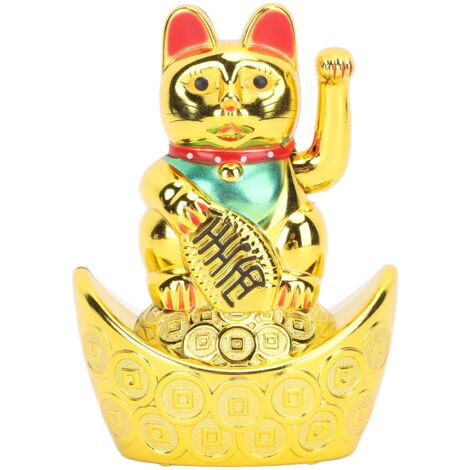 Goldene Glückskatze aus Kunststoff mit beweglichem Arm und lebhaftem Gesichtsausdruck – Glücksbringer-Dekoration