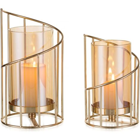 Goldene Kerzenhalter: 2er-Set Teelichthalter für den Außen- und Innenbereich für Hochzeiten und Partys – Metall und Glas – Schickes geometrisches Design – Gold