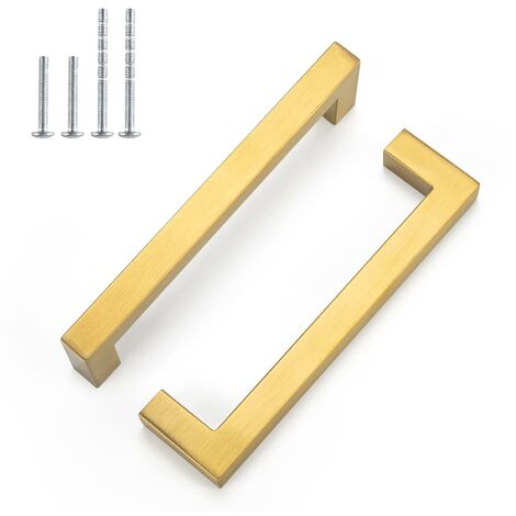Goldene Küchenschrankgriffe, 2er-Set, Schubladengriffe aus gebürstetem Messing, Möbelgriffe, quadratische Schrankgriffe