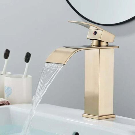 Goldene Wasserfall-Waschtischarmatur, Wasserfall-Badarmatur mit 19 cm hohem Auslauf, verstellbare Warm- und Kaltwasser-Wasserfall-Waschtischarmatur, Edelstahl-Badarmatur