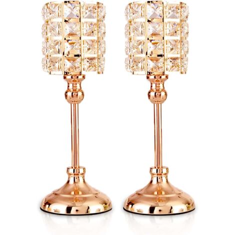 Goldfarbene Kristall-Kerzenhalter, 2 Stück, Teelicht-Metallzylinder, luxuriöser Kerzenständer, 29,5 cm Höhe, Kerzenhalter, Ornamente für Weihnachten, Wohnzimmer, Hochzeit, Tafelaufsätze (mittel)