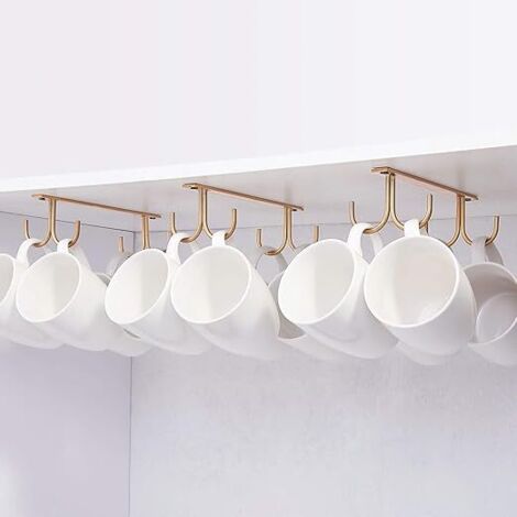 Goldfarbener Kaffeebecherhalter zum Aufhängen unter dem Schrank, Metallhaken zur Aufbewahrung unter dem Schrank, Regal, Schrank, mit 4 Schrauben, 3er-Set Halter für Tassen, Becher, Biergläser, Küchenu