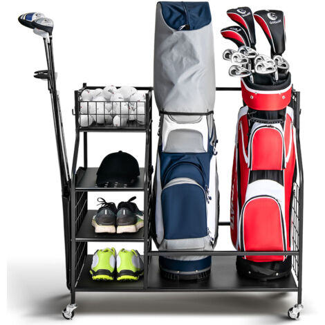 Golf Bag Storage Rack For Garage Double Golf Bag Organizer w/ Lockable Wheels