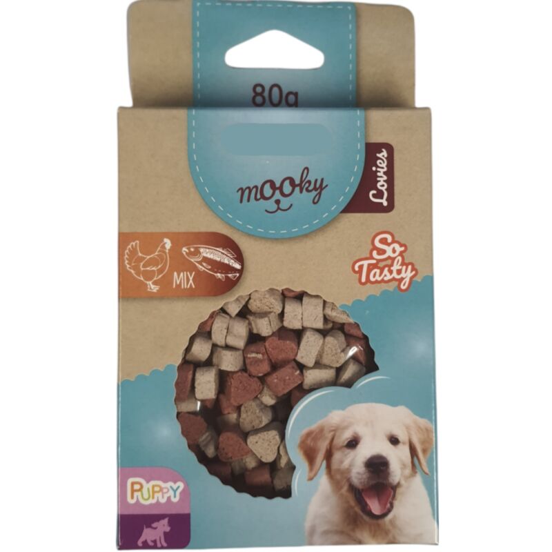 

Golosina para cachorros. forma de corazón pequeño. 80 gramos. mezcla de pollo, pescado.