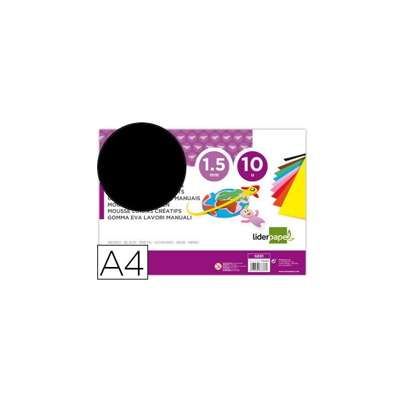 

Goma eva din a4 60g/m2 espesor 1,5mm negro paquete de 10 hojas - Liderpapel