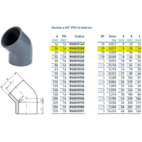 Gomito a 45° PVC-U metrico ø20 PN16 per incollaggio INPFGY120000 - -  IRRITEC - -