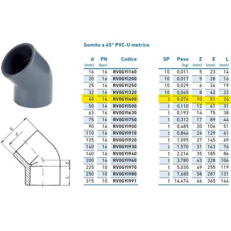 Gomito a 45° PVC-U metrico ø40 PN16 per incollaggio INPFGY140000 - -  IRRITEC - -
