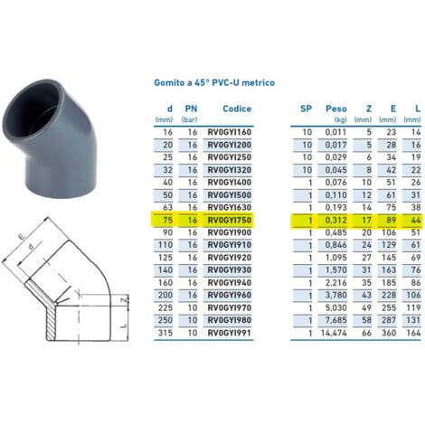 Gomito a 45° PVC-U metrico ø75 PN16 per incollaggio INPFGY175000 - -  IRRITEC - -