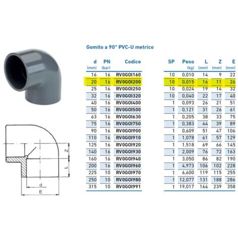 Gomito a 90° PVC-U metrico ø20 PN16 per incollaggio INPFGO120000 - -  IRRITEC - -