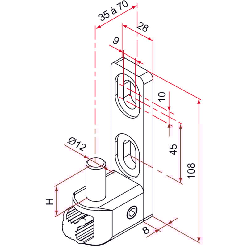 Gond de portail multifix l à axe réglable de 35 à 70mm pivot diamètre 12mm Tirard NA619027