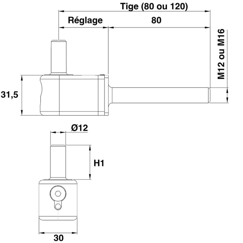 PORTAC Gond multiréglage fileté Finition: Noir Ral 9005 - Réglage (mm): Réglage (mm) : 40 à 62 - Tige (mm): Tige (mm) : 12x80