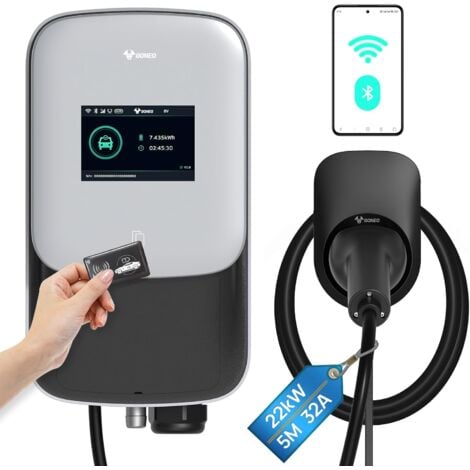 GONEO 22KW 32A Wallbox stazione di ricarica auto elettrica con 5 M tipo 2 cavo e carta RFID, IEC 60529 IK10, Ev caricabatterie con schermo LCD WIFI connessione APP di controllo