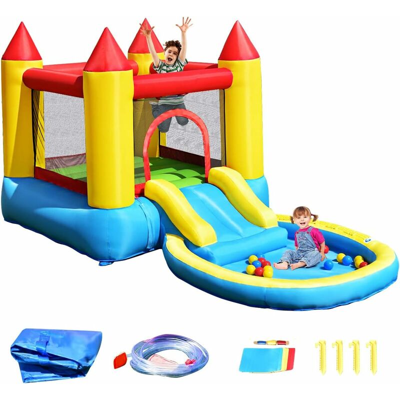 COSTWAY Castello Gonfiabile 8 in 1 per Bambini, Parco Acquatico con 2 Scivoli, Parete di Arrampicata, Area Basket e Palla, Borsa di Trasporto e Kit Riparazione, 622 x 335 x 225 cm (Senza soffiatore