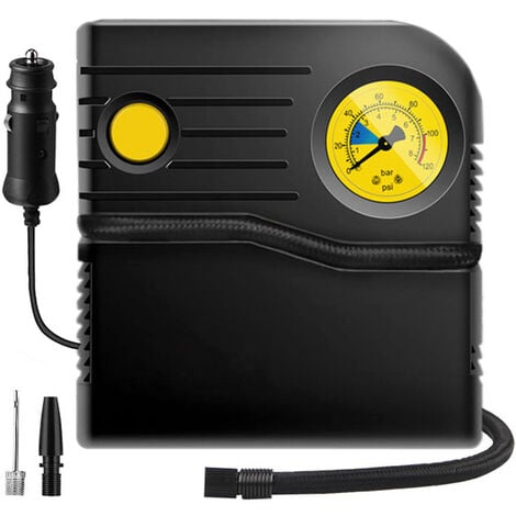Mini compresseur 12V - Prise allume-cigare - 10 bar max., débit de 12L/min  - Mamomètre et 3 adaptateurs inclus