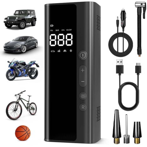 Gonfleur de pneus portable 150 PSI avec manomètre et lumière LED, convient aux pneus de voiture, de moto, de vélo et de ballon, noir.