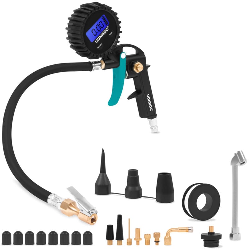 Gonfleur de pneus Vonroc pro - 3 en 1 : gonfler, mesurer la pression et relâcher l'air - Manomètre digital - 10 bar - Raccord universel
