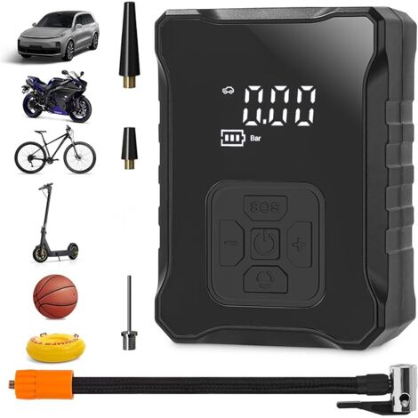 Gonfleur Electrique, Mini compresseur d’air 150PSI Pompe à vélo électrique avec affichage LED numérique Lumière LED Compresseur de batterie 2000mAh pour voiture, vélo, moto, basket-ball, football