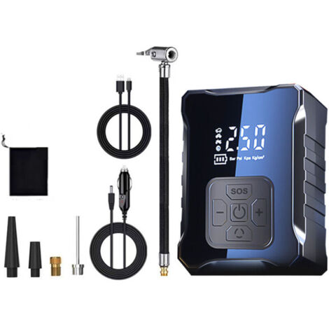 Gonfleur Electrique, Mini compresseur d’air 150PSI Pompe à vélo électrique avec affichage LED numérique Lumière LED Compresseur de batterie 3600mAh pour voiture, vélo, moto, basket-ball, football