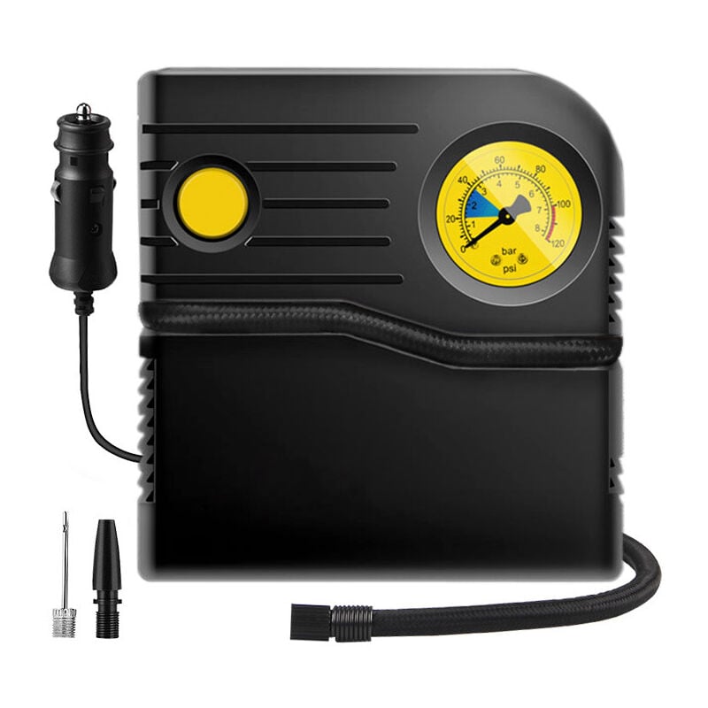 Gonfleur pneus Voiture 12V Mini Compresseur à Air a Velo Portable Analogique Pompe Allume Cigare Electrique avec Manomètre et Adaptateurs de
