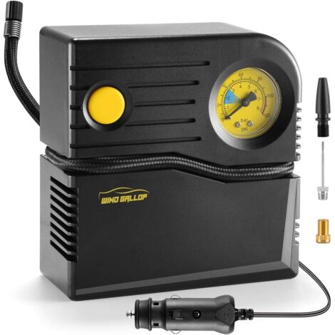 Gonfleur pneus Voiture 12V Mini Compresseur Voiture Compresseur à Air Portatif Pompe de pneu de Voiture Allume Cigare Electrique Pompe A Velo avec Manomètre et Adaptateurs de Valve(Jaune)